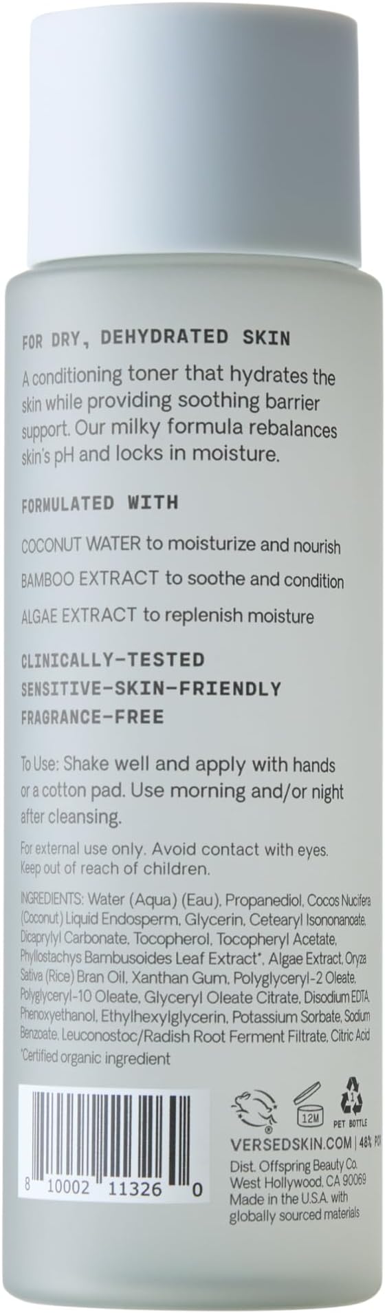 Versed Skin Soothe Hydrating Milky Toner for Face - Nourishing Coconut Water with Algae & Bamboo Extracts - Helps Restore Skin’s Natural pH Balance (Skin Soothe - 4 Fl Oz (Pack of 1))