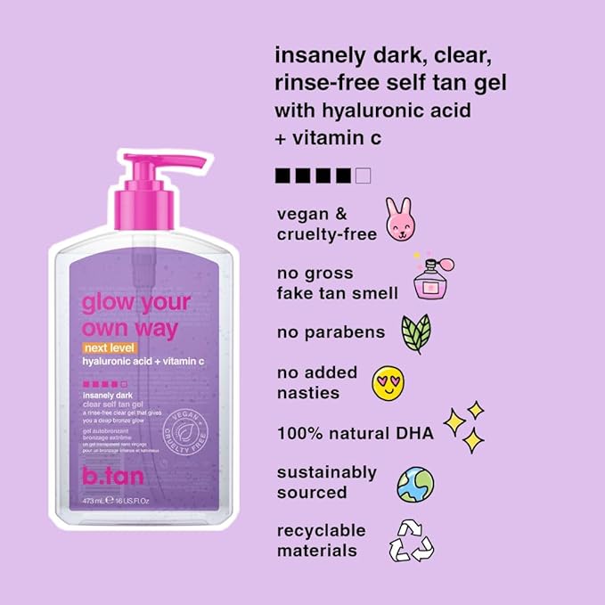 b.tan Insanely Dark Clear Self Tan Gel | Glow Your Own Way Next Level - Best, Transfer-Resistant Sunless Tanning Lotion, Ultra Quick Bronze, No Fake Tanner Smell, 16 Fl Oz