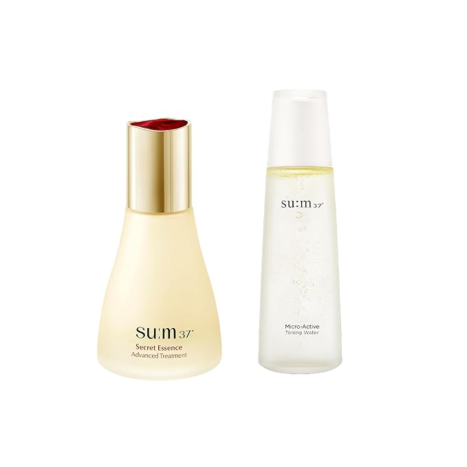 SU:M Secret Essence(1.01 fl oz) + Micro-Active Toning Water (5.07 fl oz) - Korean Skin Care, Skin Barrier Repair Hydrating Serum, Gentle Exfoliating Toner with Low-Irritation