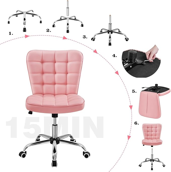 Yaheetech ModernTufted Armless Desk Office Chair Faux Leather Upholstered Computer Chair with Adjustable Seat Height and Rolling Wheels for Home/Office, Pink