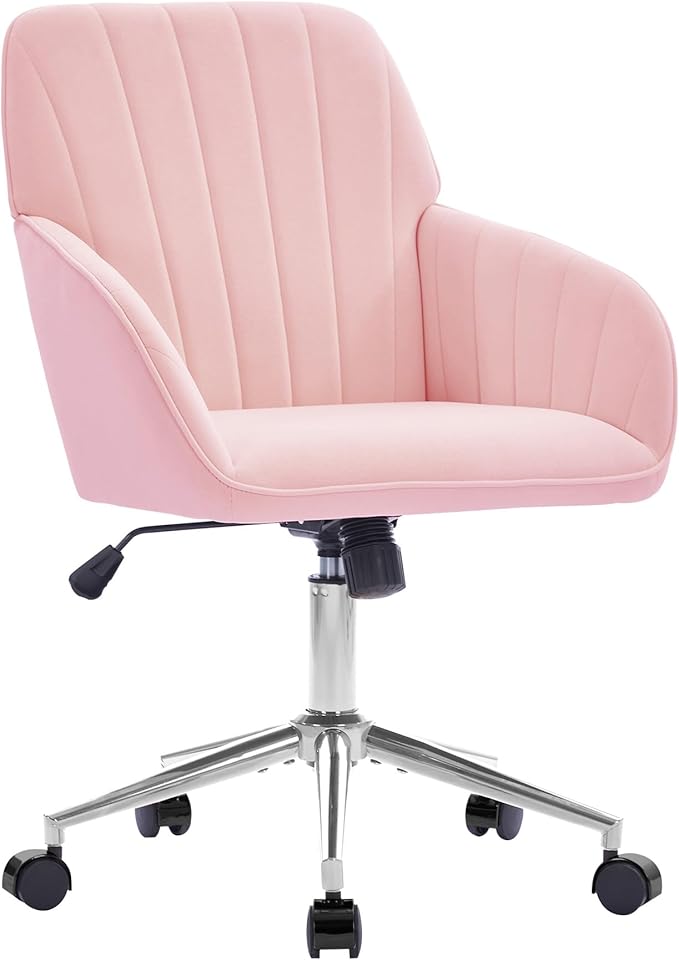 Velvet Home Office Desk Chair, Modern Cute Computer Task Chair with Back, Height Adjustable Upholstered Vanity Chair with Swivel Wheels for Women, Girls (Silver Base, Pink