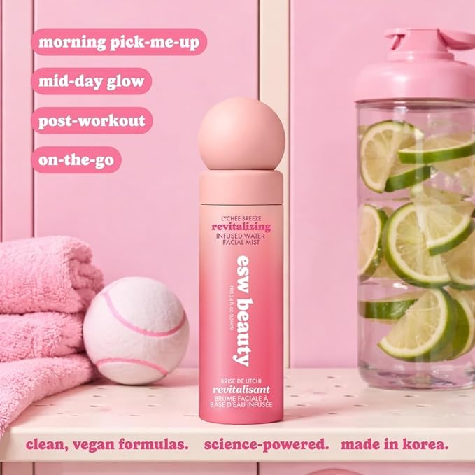 ESW Beauty Lychee Breeze Facial Mist - Hydrating Face Spray Toner with Lychee Water, Lime, Green Tea & Caffeine - Prime & Set Makeup - Revitalizing Mist for Radiant Skin
