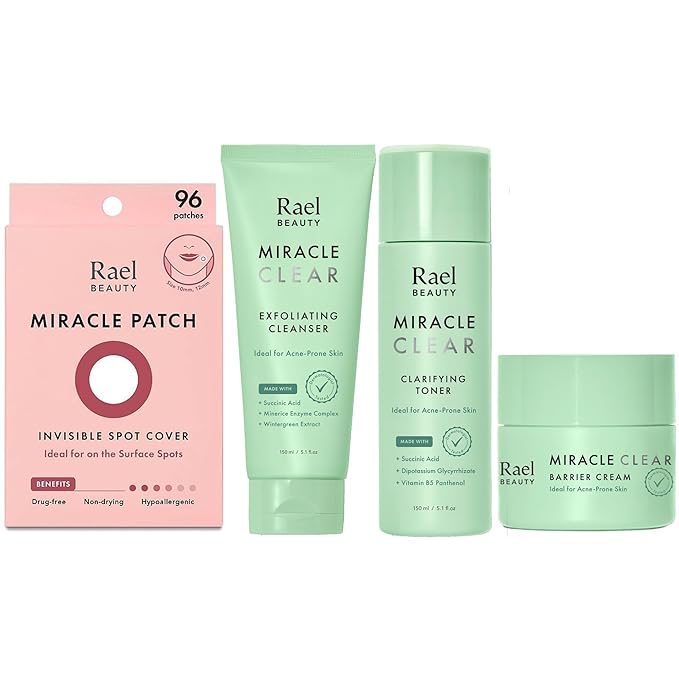 Rael Miracle Bundle - Invisible Spot Cover (96 Count), Exfoliating Cleanser (5.1 oz), Clarifying Toner (5.1 oz), Barrier Cream (1.8 fl. oz)