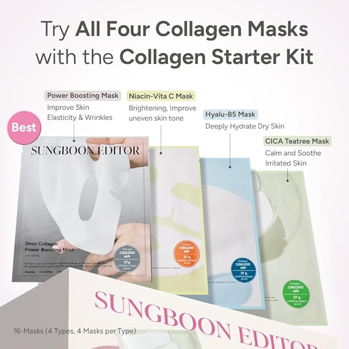 SUNGBOON EDITOR Deep Collagen STARTER KIT | Glass Skin, Elasticity, Moisturizing, Calming, Uneven Skin, Overnight Face Mask, Korean Skin Care, 37gx16ea | Gifts for Women