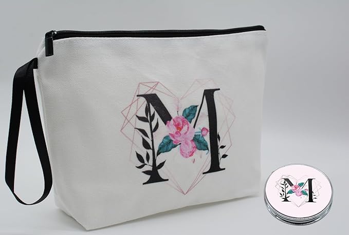 Personalized Initial M floral Makeup Bag set with Mirror for Women,White Ietter travel Cosmetic bag kit for Bride Bridesmaid with10 pieces pink brush set,Initial Gifts for Girls Mom femal Friends