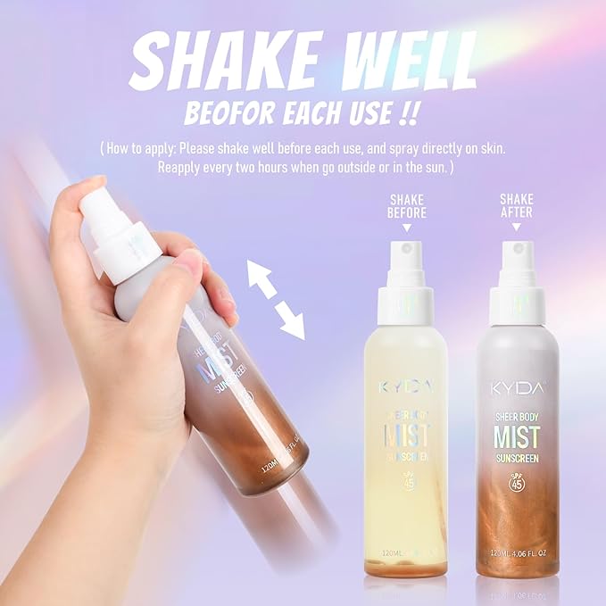 Sheer Body Sunscreen Mist, SPF 45 Ultra-fine Glowing Spray, Lightweight Hydrating Non-Greasy Quick Drying, Infused with Shimmering Radiant Glow Sunscreen Body Oil Mist-Amber,4.06 fl oz