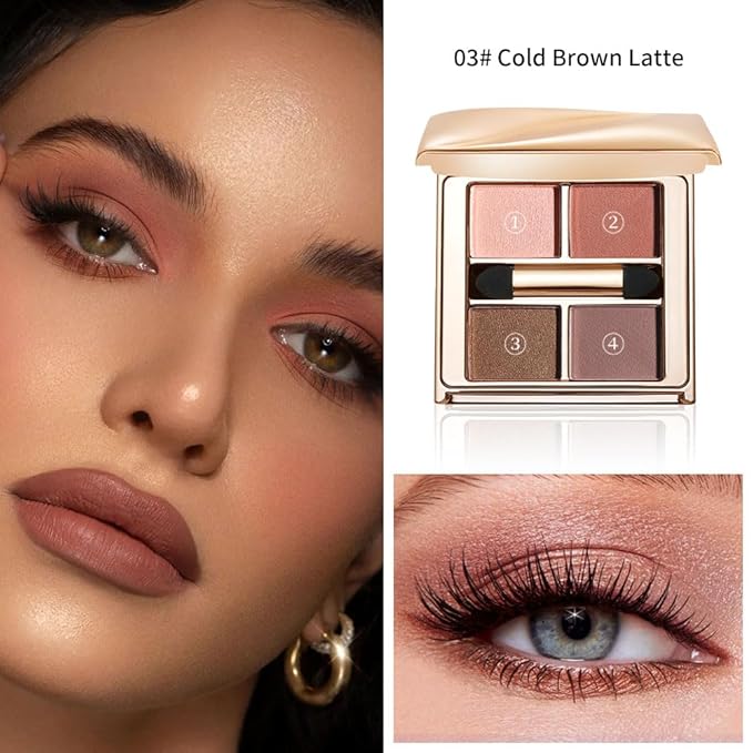 Warm Neutral Brown Eyeshadow Palette, 4 Matte & Shimmer Shades for Natural Everyday Eye Makeup — Blendable Caramel Mocha High Pigment Long-Lasting Crease-Resistant Soft Glam Eye Shadow Kit