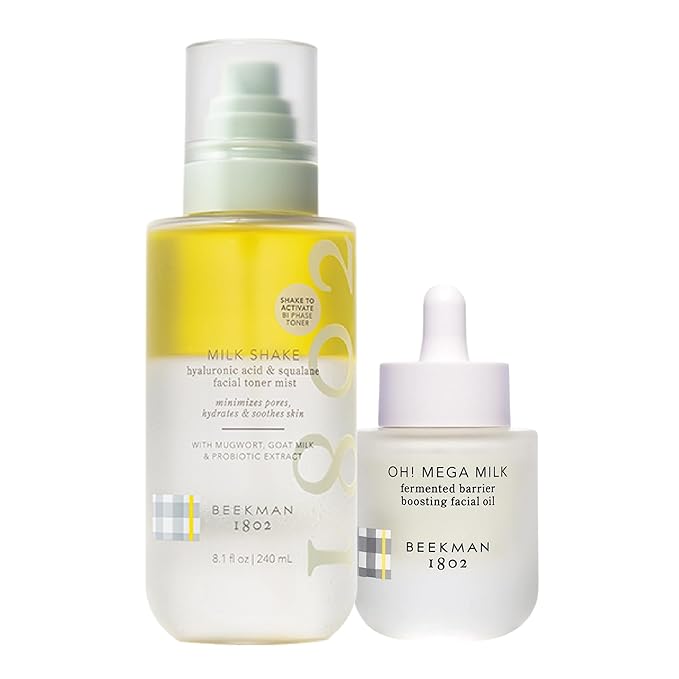 Beekman 1802 Milk Shake Hydrating Toner & Face Mist (8.1 fl oz) + Oh! Mega Milky Oil Facial Oil (1 fl oz) – Hydrating Skincare Safe for Sensitive Skin – Cruelty Free – Packaging May Vary