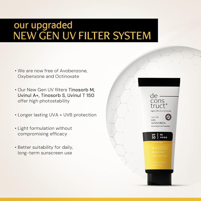 Deconstruct Face Gel Sunscreen SPF 50 + and PA+++ | Gel based sunscreen for oily, combination, acne prone & normal skin| Broad spectrum sunscreen, No White Cast, Lightweight - 50g each, pack of 2