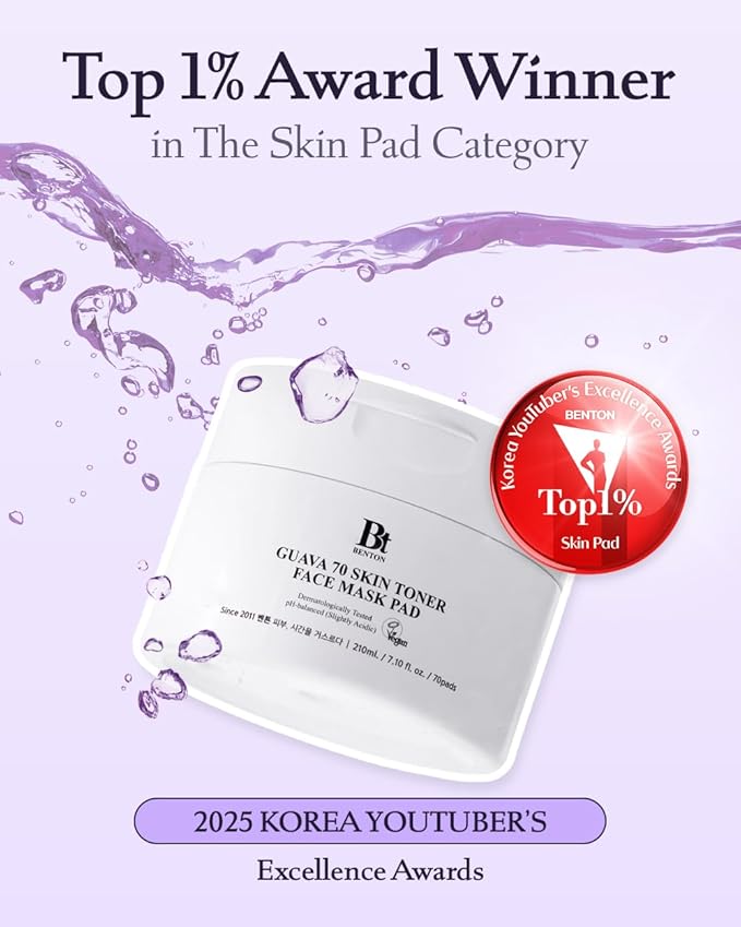 BENTON Guava 70 Skin Toner Face Mask Pad Moisturizer Hyaluronic Acid Soothing Calming Relief Pore Care for Dry Sensitive, All Skin Types Dewy Luminous Skin, Non-Drying Toner Pads, Korean Skin Care