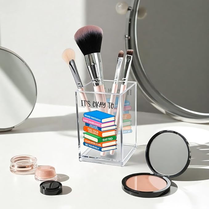 It's Okay To Make Mistakes Acrylic Cosmetic Pencil Pen Holder Cup, Motivational Desk Organizer Accessory for Office School, Inspirational Quote Gifts for Women Book Lover Coworker Sister Teacher