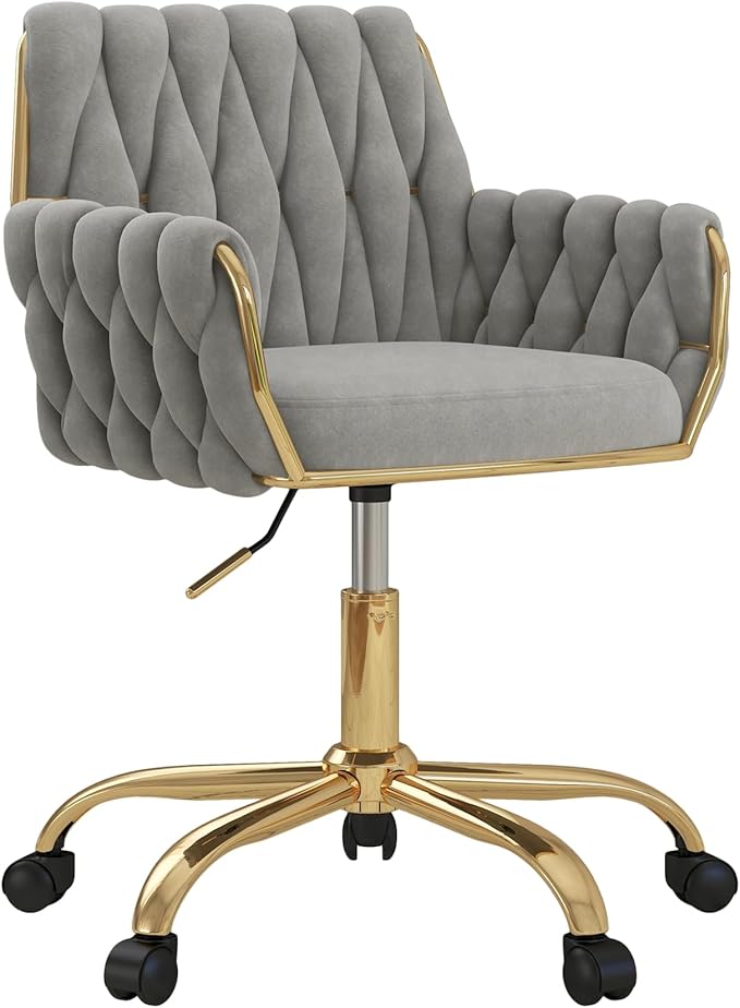 Velvet Home Office Chair, Modern Height Adjustable Cute Vanity Chair, 360° Swivel Makeup Chair Desk Chair with Golden Base and Hand Woven Backrest for for Bedroom/Study/Vanity(Light Gray)