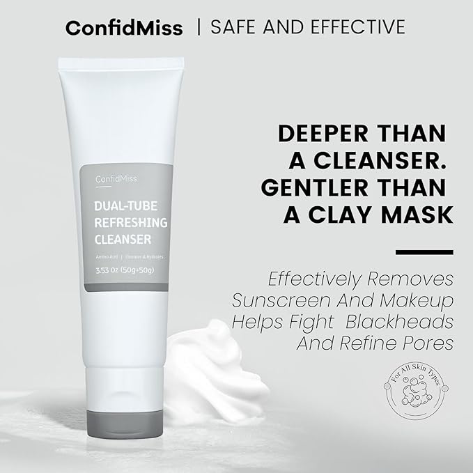Dual-Tube Refreshing Facial Cleanser, with Double Micro-Fine White Clay Centella Asiatica Pore Cleaning Blackhead Sunscreen Remover Daily Face Amino Acid Cleanser For Oily Skin 1PC