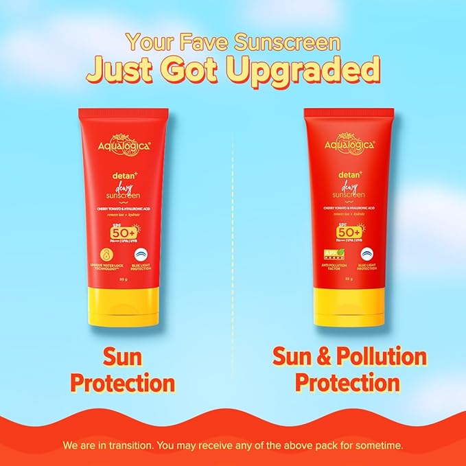 Aqualogica Detan+ Dewy Face Sunscreen with SPF 50+ & PA++++ | Blue Light Protection & No White Cast | Fights Sun Damage with Cherry Tomato & Hyaluronic Acid | 2.82 Oz/80g