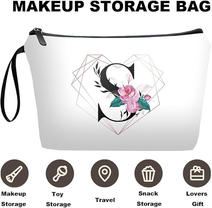 Personalized Initial S floral Makeup Bag set with Mirror for Women,White Ietter travel Cosmetic bag kit for Bride Bridesmaid with10 pieces pink brush set,Initial Gifts for Girls Mom femal Friends