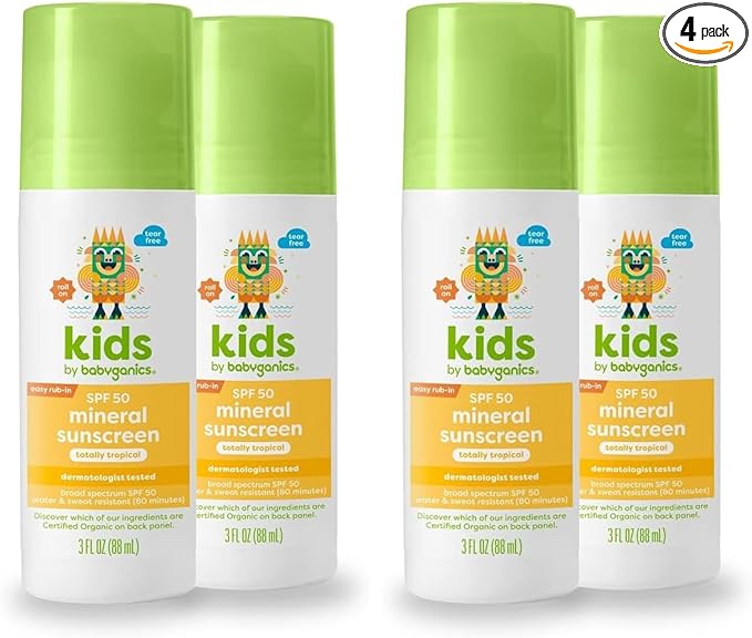 Babyganics SPF 50 Kids Mineral Sunscreen Roller Ball,Totally Tropical | UVA UVB Protection | Octinoxate & Oxybenzone Free-| Water Resistant-| (3 ounce),(Pack of 4)