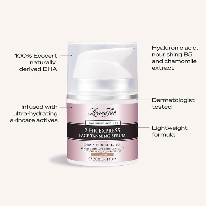 Loving Tan NEW 2 Hr Express Face Tanning Serum, Medium - Hydrating, Natural-Looking Glow Sunless Self Tanner, Dermatologist Tested, Lightweight, Naturally Derived DHA, Vegan & Cruelty-Free - 1 fl oz