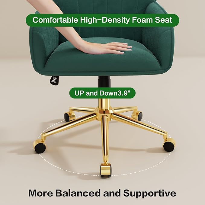 Home Office Desk Chair Comfy with Adjustable Swivel Wheels, Modern Velvet Makeup Vanity Chair with Back & Pillow, Ergonomic Office Chair Computer Task Chair for Living Room, Bedroom, Green