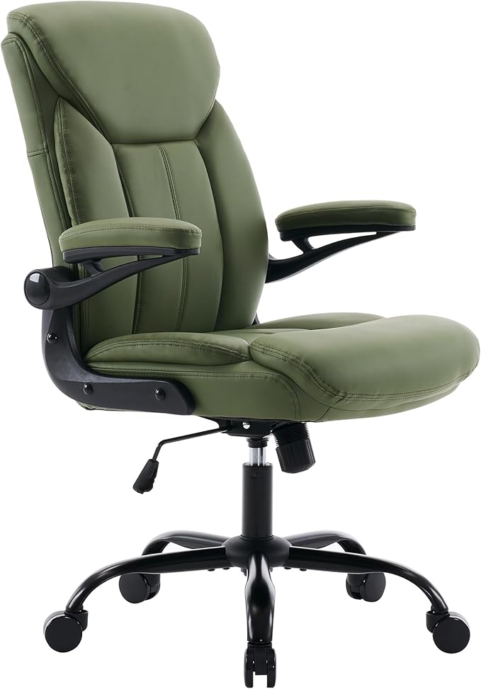 Home Office Ergonomic Desk Chair - Comfy Leather Executive Chair with Flip-Up Armrests, Lumbar Support, 360° Swivel & Rocking (Green)
