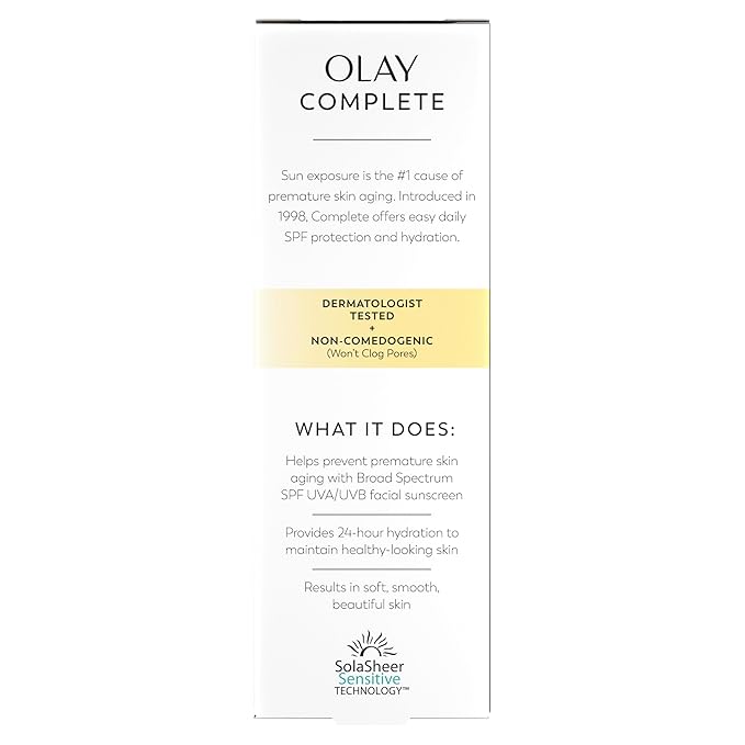 Olay Face Moisturizer, Complete with Sunscreen SPF 30, Fragrance-Free for Sensistive Skin, Broad Spectrum Sun Protection, Long-Lasting Hydration, Non-Comedogenic - Vitamin E & Aloe - 2.5 Oz - 4 Pack