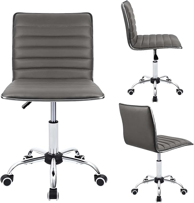 Furmax Vanity Office Desk Chair with Wheels, Armless Small Cute Leather Makeup Computer Task Chair Adjustable Height 360° Swivel (Grey)