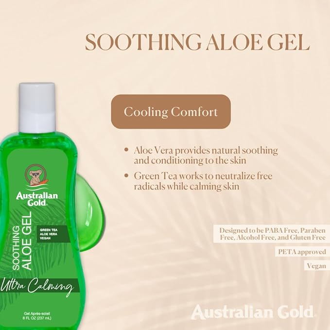 Australian Gold Soothing Aloe Vera After Sun Gel -Relieves Sunburn Pain and Hot & Itchy Skin, Soothing Aloe After Sun Gel, 8 Fl Oz (A70623-1)