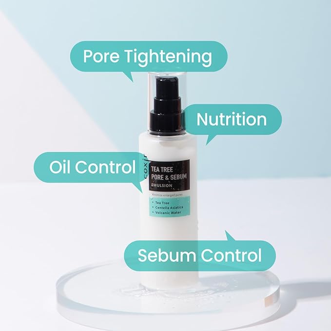 coxir Tea Tree Pore & SEBUM Emulsion for Oil Balance, Pore Minimizer, sebum Control Paraben Free, Cruelty Free, Korean Skin Care [100ml/3.38 fl.oz]