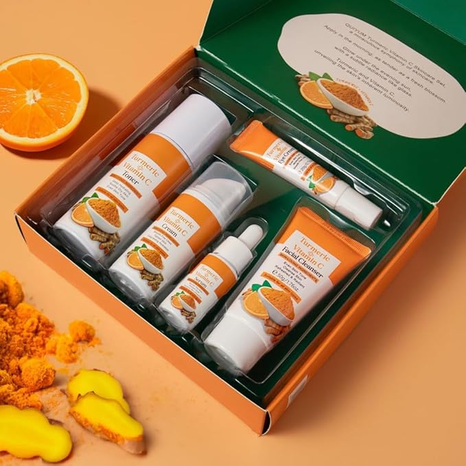Turmeric Vitamin C Skincare Set for Women, 5 Pieces Face Care Kit - Cleanser Toner Essence Eye Cream Face Moisturizer for Glowing, Brightening Skin, Travel Skin Care Gift Sets for Women