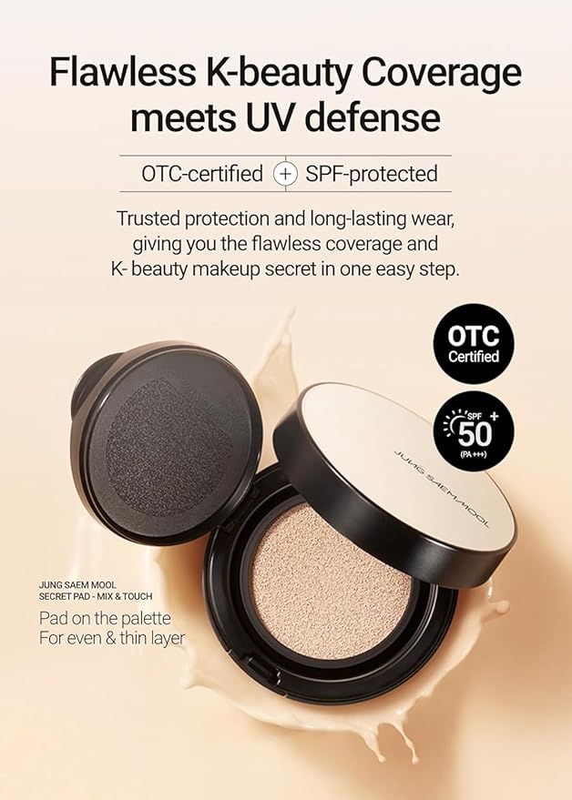 JUNG SAEM MOOL Essential Skin Nuder Cushion | Natural Finish, Buildable Coverage Cushion Foundation by Korean Makeup Artist (Refill Included, SPF 50 | Gift Set with Mool Cream & Puff), 23 Medium Deep