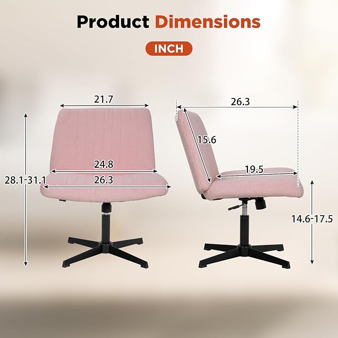 PayLessHere | Criss Cross Chair | Pink | Wide, Armless Desk Chair Without Wheels | 360 Swivel, Height Adjustable & Stable Metal Base | for Office, Home Office, Vanity Seating