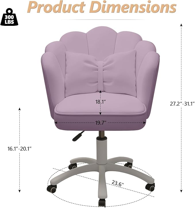 Home Office Desk Chair Swivel Rolling Vanity Chair with Silent Wheels and Comfortable Back, Adjustable Height Upholstered Computer Task Chair for Makeup, Bedroom