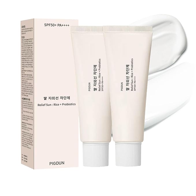 2PCS Relief Sun Organic Sunscreen SPF50+, PA++++ Rice and Probiotics,Korean Skin Care Solution for All Skin Types,Nourishing Protection