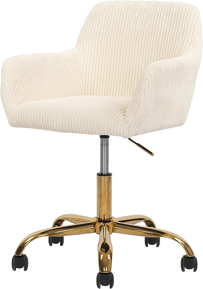 Faux Fur 360°Swivel Desk Chair, Height Adjustable Home Office Armchair with Golden Base for Teens Women Girls, Upholstery Computer Chair for Home Studios, Corduroy & Beige