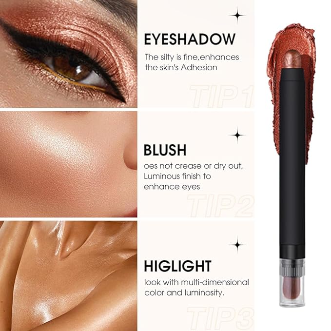 Shimmer Eyeshadow Stick –Warm Amber Dual-Ended Creamy Pearl Eye Shadow Pencil with Built-In Smudger, Waterproof Long-Lasting High Pigment Eye Makeup for Smooth Glide 05#