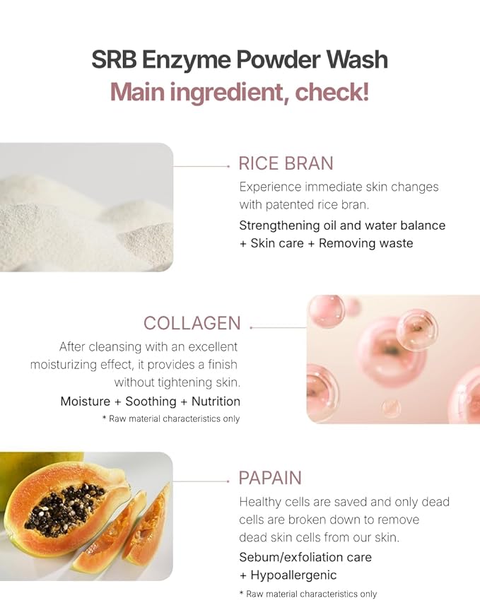 SRB Stabilized Rice Bran Enzyme Powder Wash - Exfoliating Face Wash with Enzymes for Sensitive and Acne Skin - Hydrating Collagen Rice Cleansing Powder (2.46oz)