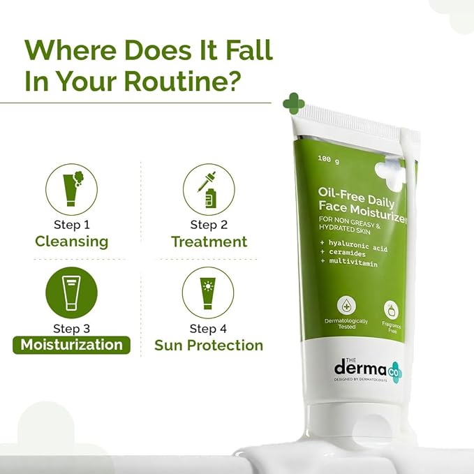 The Derma Co Oil-Free Daily Face Moisturizer | with Hyaluronic Acid & Ceramides | Gives Non-Greasy & Hydrated Skin & Helps Strengthens Skin Barrier | 3.53 Oz/100g