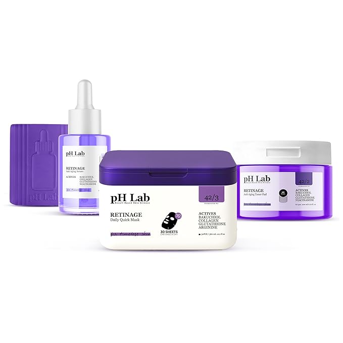 pH Lab Retinage Anti-Aging Set, Cleansing Bar, Toner Pad, Serum with Collagen & Bakuchiol, Daily Quick Mask