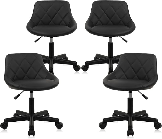 Low Back Rolling Stool PU Leather Vanity Stools, Adjustable Height Ergonomic Swivel Rolling Desk Stool Work Drafting Swivel Chair, Makeup Shop Salon Spa Stools, Black, 4 Pack