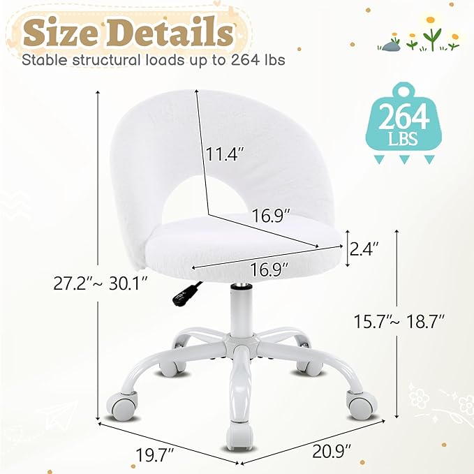 VINGLI Small Vanity Chair with Faux Fur Wheels for Girls,Cute Adjustable Height Armless Office Desk Chair,360°Swivel Comfy Rolling for Study,Make up Room,Small Space,White
