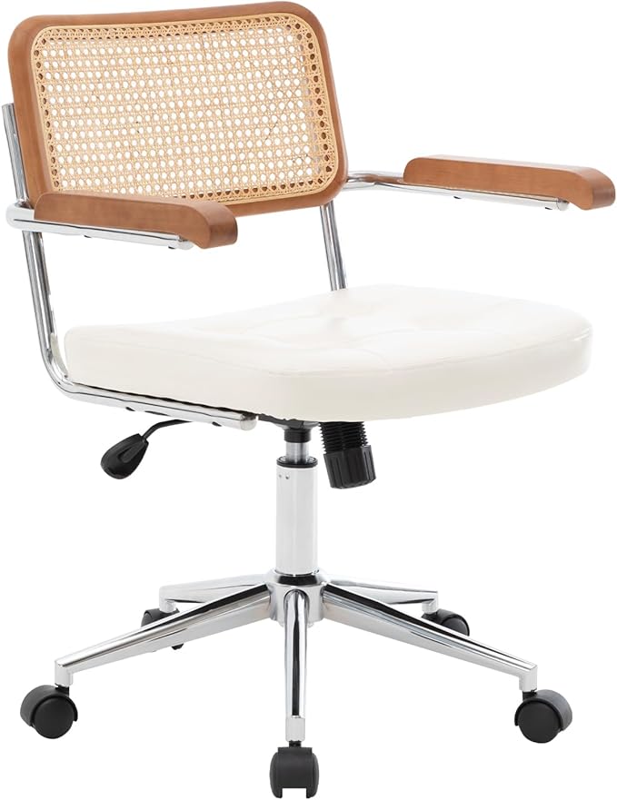 Rattan Office Chairs, Modern Rattan Desk Chair with Natural Back & Wood Armrest, Small Upholstered Tufted Leather Home Office Desk Chairs for Home Office, Bedroom, Study, White