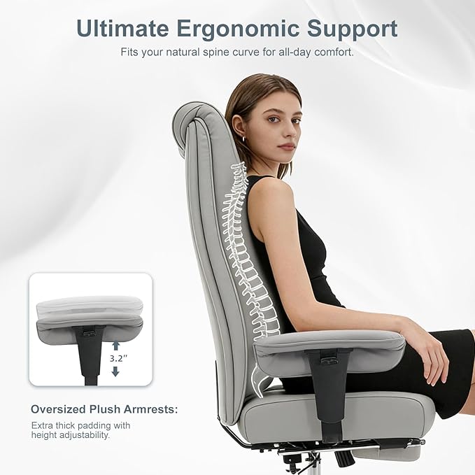 Big and Tall Office Chair 400lbs Wide Seat, Leather High Back Executive Office Chair with Foot Rest, Ergonomic Chairs Lumbar Support for Lower Back Pain Relief (Light Grey)