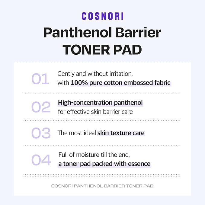 COSNORI Panthenol Barrier Toner Pad (60 Pads) - High-Concentration D-Panthenol - Vegan Certified - Soothing & Barrier-Boosting for Sensitive Skin - Vegan & Eco-Friendly (4.73 fl.oz.)