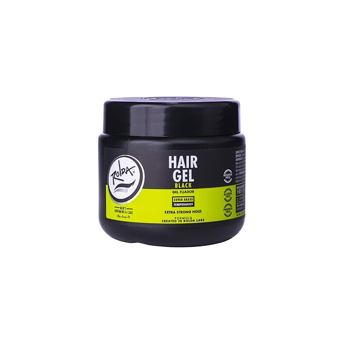 Rolda Black Hair Gel for Men - Medium Hold Styling Gel with Activated Charcoal for Wet Look - Covers Grays & Enhances Black Hair - Flake + Alcohol Free (8.81 oz)