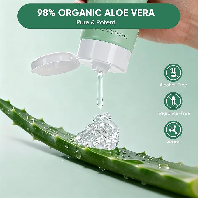 98% Organic Aloe Vera Gel, Natural Moisturizing Pure Aloe for Face and Arms, Soothing & Hydrating Aloe Gel for Sunburn Relief and Deep Skin Nourishment, 4.23 oz
