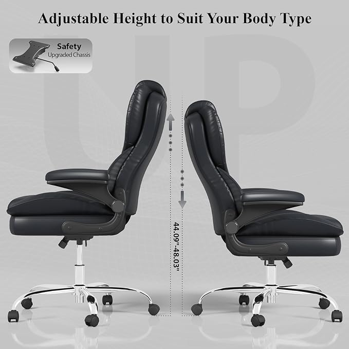 Office Desk Chair, Executive Leather Office Chair, High Back Ergonomic Home Desk Chair with Padded Flip-up Arms, Big and Tall Computer Chair with Rocking Function, 360°Swivel Free, Black
