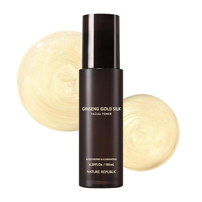 Nature Republic Ginseng Gold Silk Facial Toner, Hydrating Glow Toner, Niacinamide & Silk Amino Acid, Royal Jelly Extract, Korean Skin Care for All Skin Types 130 ml / 4.39 Fl. oz.