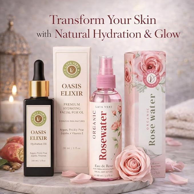 Organic Moroccan Anti-Aging, Hydration Duo Face Serum 1 fl oz + Organic Rose Water 3.4 fl oz Argan, Prickly Pear, Jojoba, Vitamin E, Wrinkle Care, Firming Glow for Dry Skin