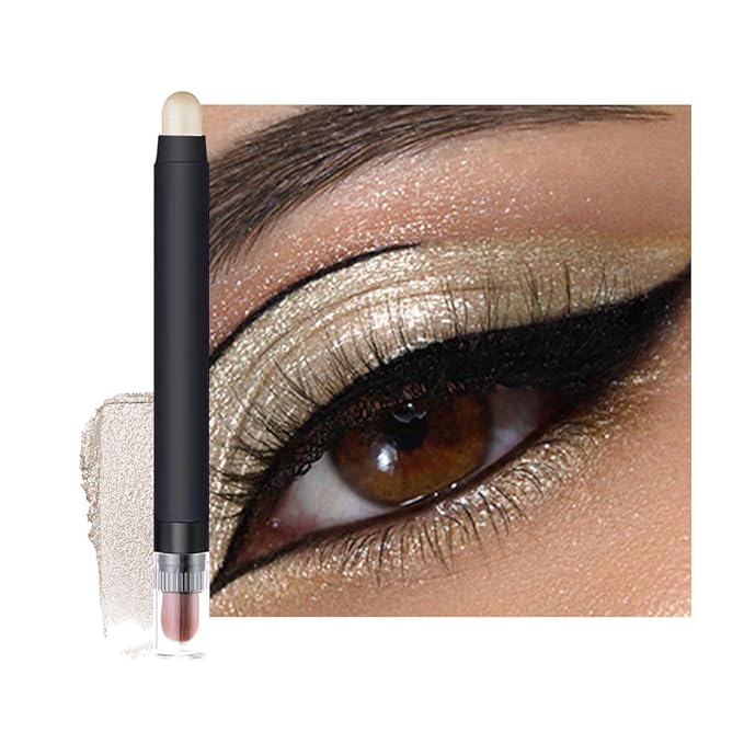 Shimmer Eyeshadow Stick –Champagne Beige Dual-Ended Creamy Pearl Eye Shadow Pencil with Built-In Smudger, Waterproof Long-Lasting High Pigment Eye Makeup for Smooth Glide 02#