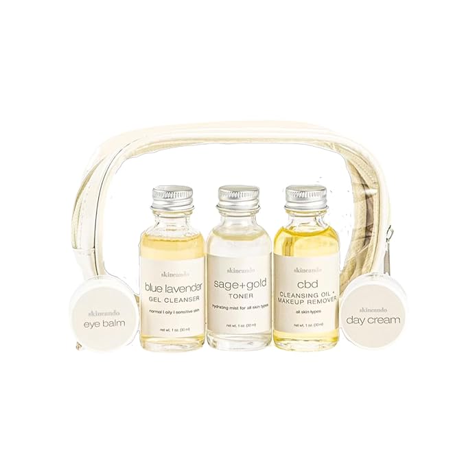 skincando Travel Skincare Gift Set - Cleansing Oil & Make Up Remover 1 oz, Blue Lavender Cleanser 1 oz, Sage & Gold Toner 1 oz, Day Cream .125 oz, Eye Balm .125 oz & Organic Cotton Applicators 3.25oz