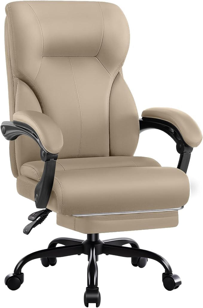 Executive Office Chair,High Back Ergonomic Comfy Desk Chair with Footrest and Padded Linkage Armrests,PU Leather Heavy Duty Computer Swivel Rolling Task Chair for Home Office,Adults,Khaki